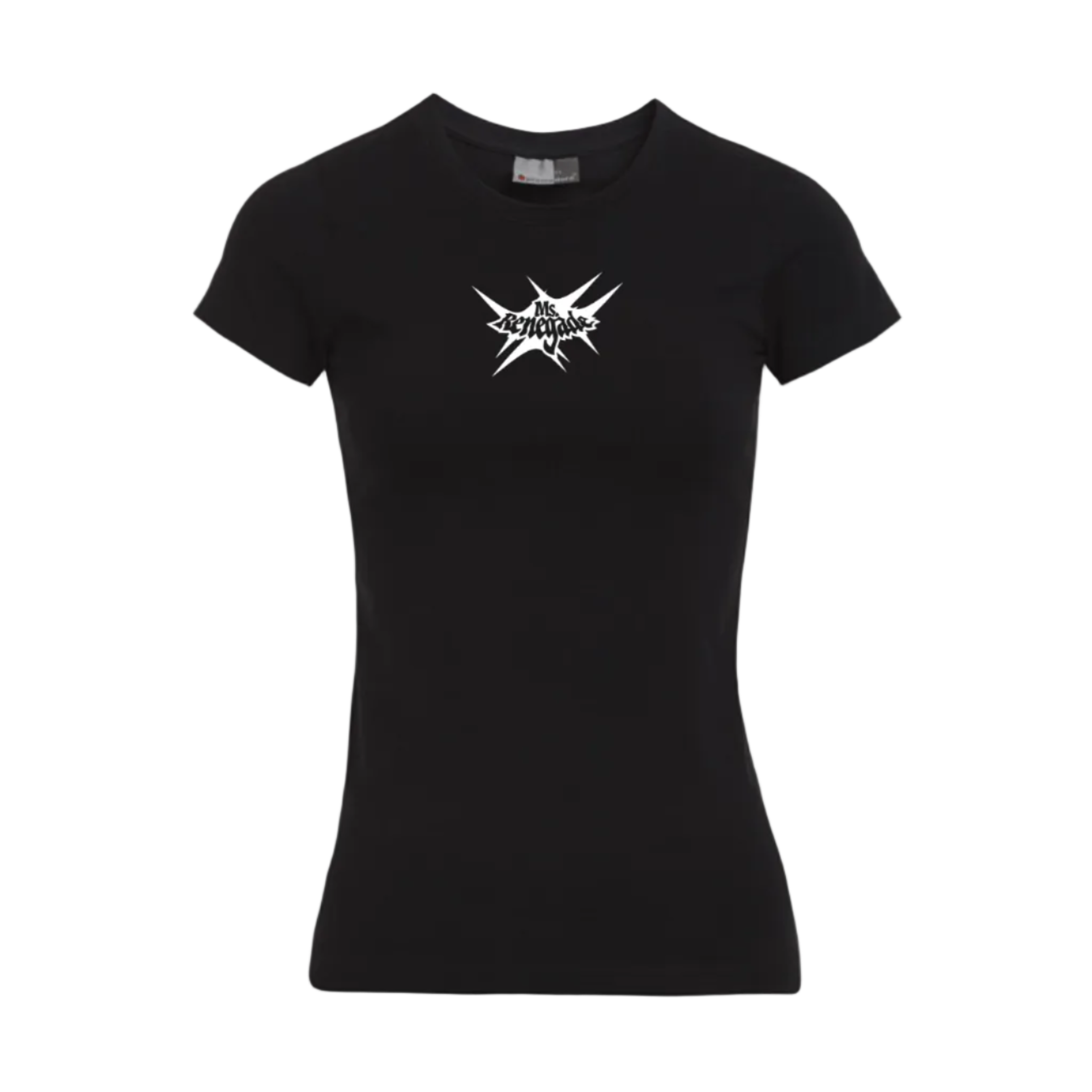 Black t-shirt with a white logo on a white background
